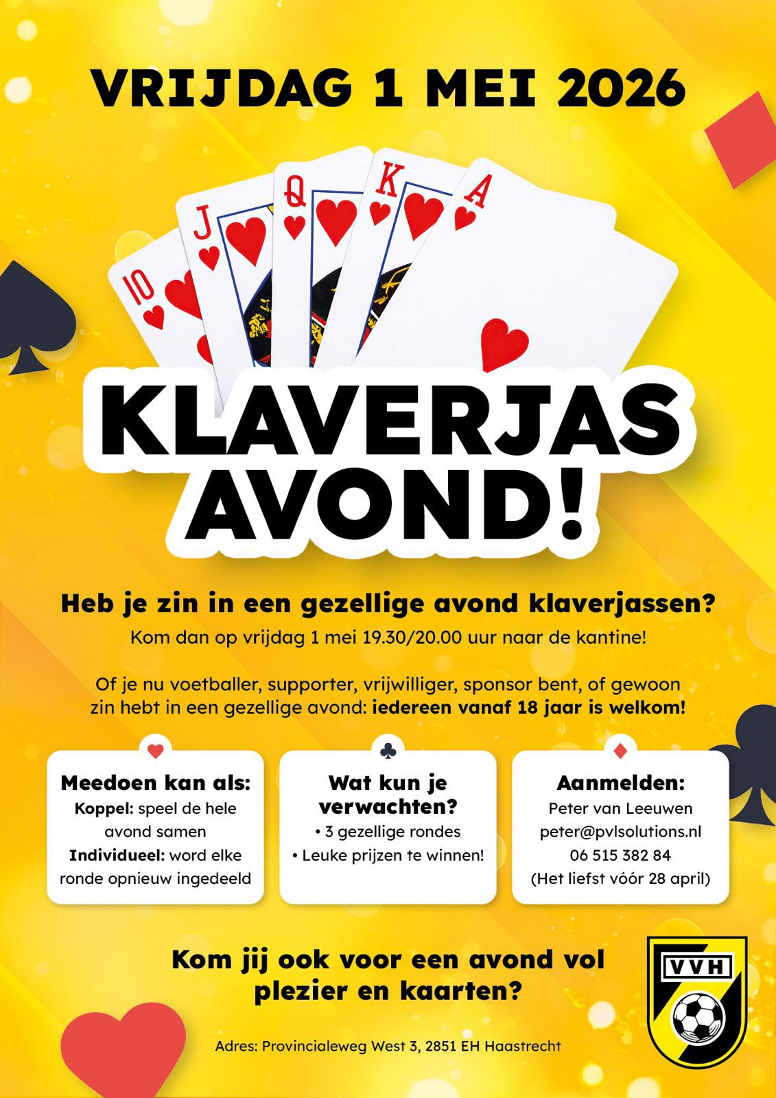 Reminder, vrijdag 1 mei klaverjas avond bij VV Haastrecht!